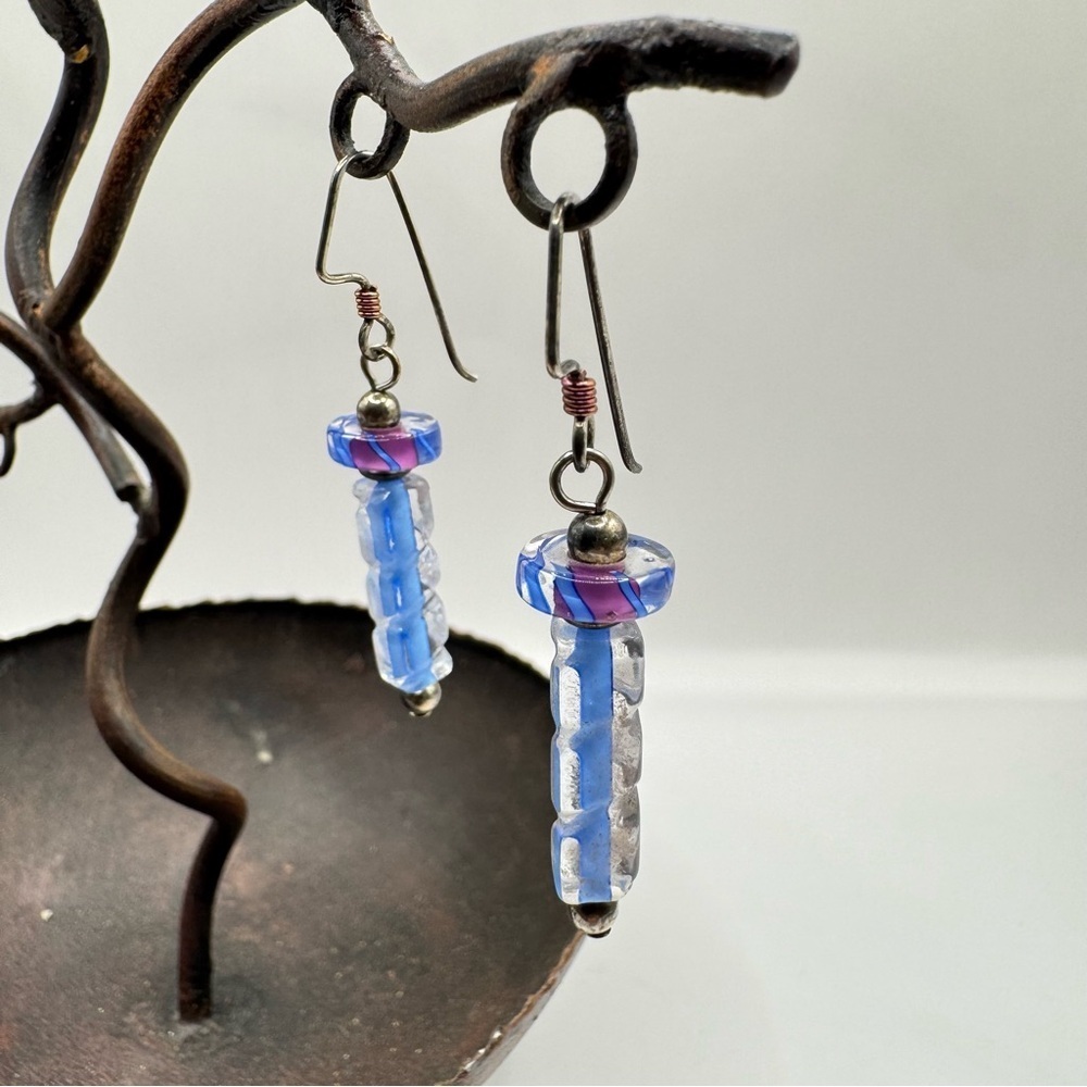 Furnace Glass Dangle Earrings | Blue & Purple Artisan Beads Boho Handmade Style - Picture 3 of 7